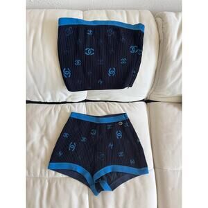 Navy & Blue Logo Print Two-Piece Set – Tube Top & Shorts